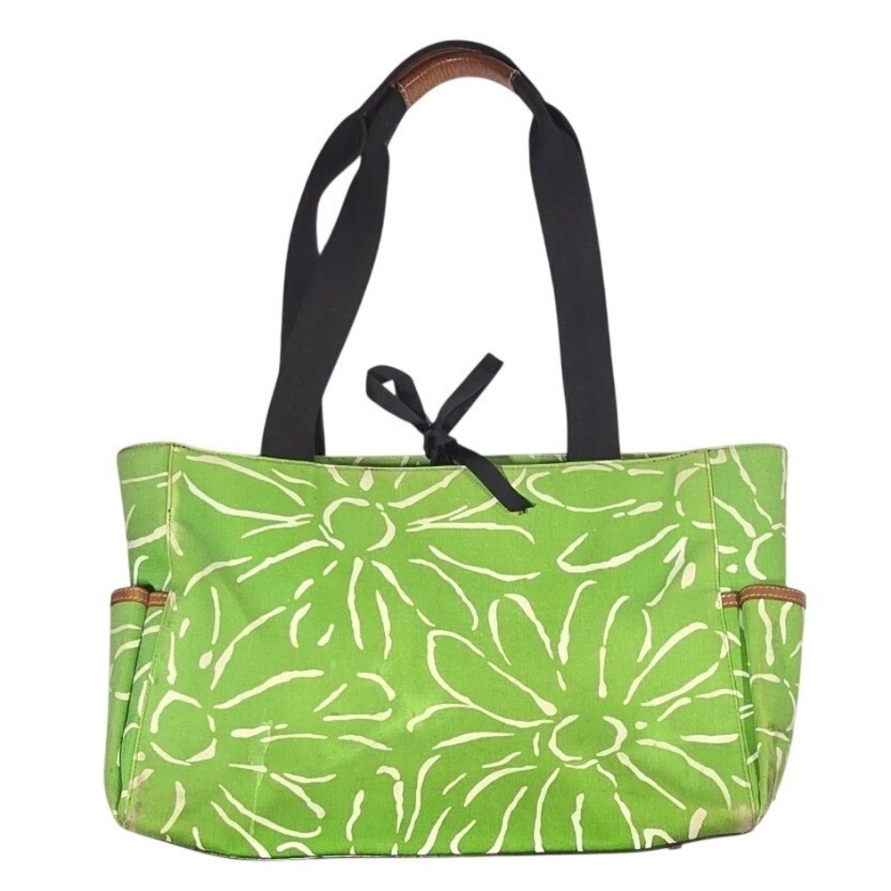 Kate Spade New York Canvas Leather Tote Bag Green White Abstract Floral Print